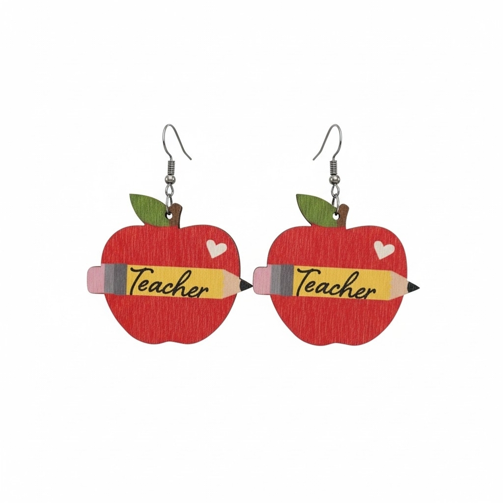 Red Apple 'Teacher' Pencil Wooden Dangle Earrings